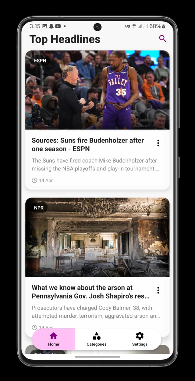 Home screen displaying top stories